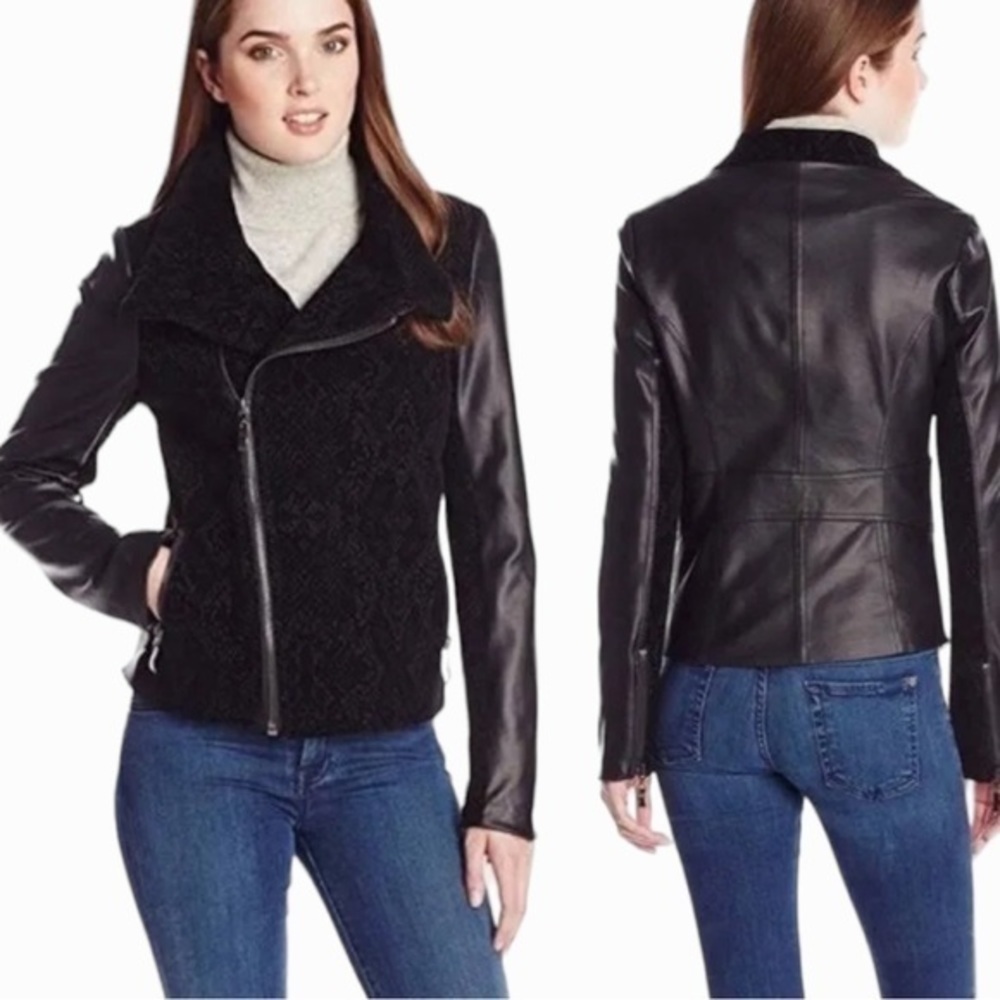 Liverpool black faux leather snake print embossed mixed media moto jacket - Picture 9 of 11